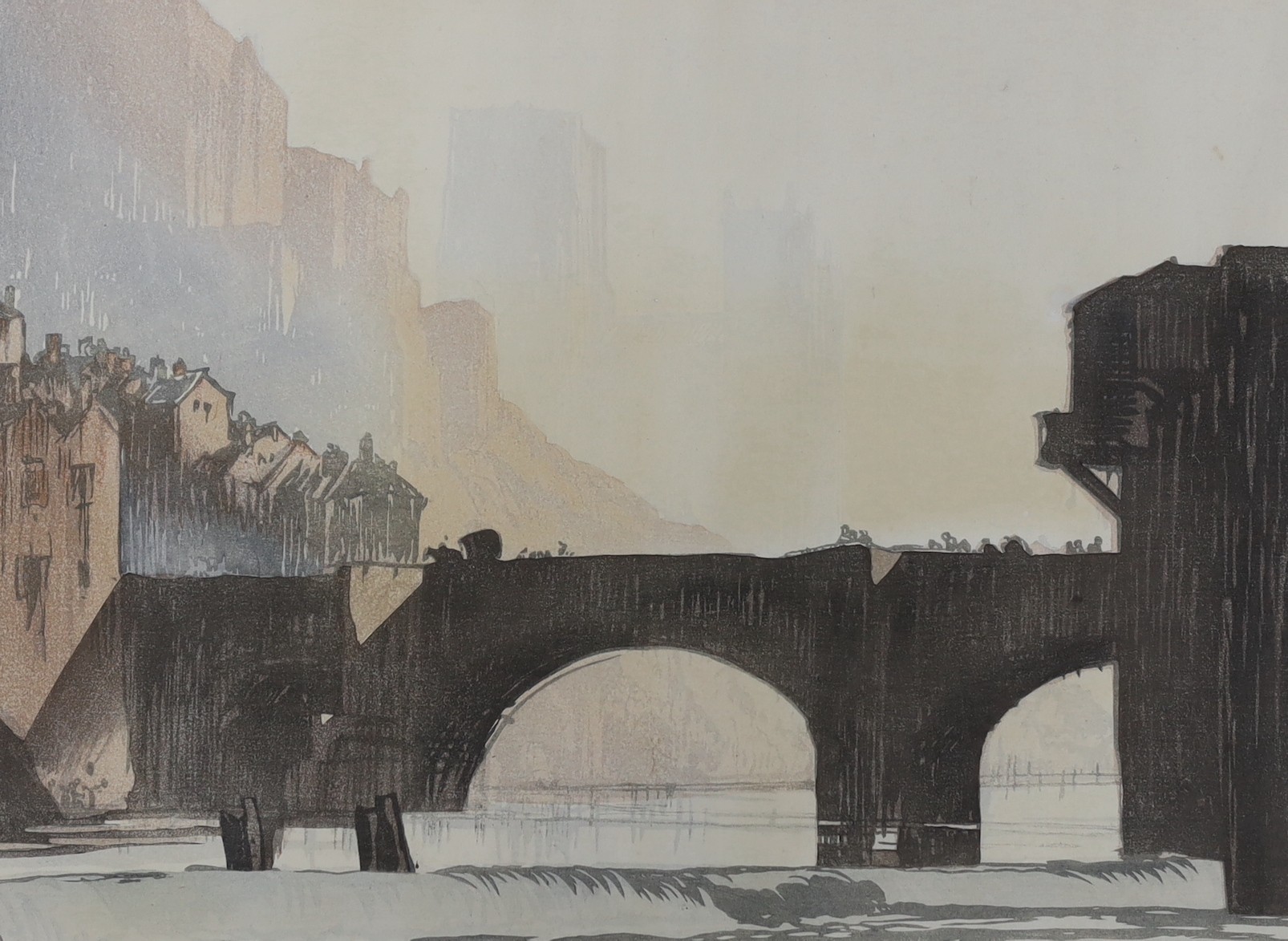 Frank Brangwyn RA RWS RBA (1867-1956) and Yoshiyuro Urushibara Mokuchu (Japanese 1888-1953), woodblock print, Durham Cathedral and Bridge, signed by both artists and numbered 64, 38 x 51cm